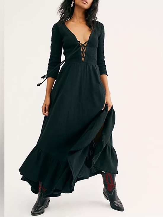 Free People Dresses & Skirts - Free People Perfect Solution Maxi Dress Black Smock Lace-Up Long Sleeve-Small